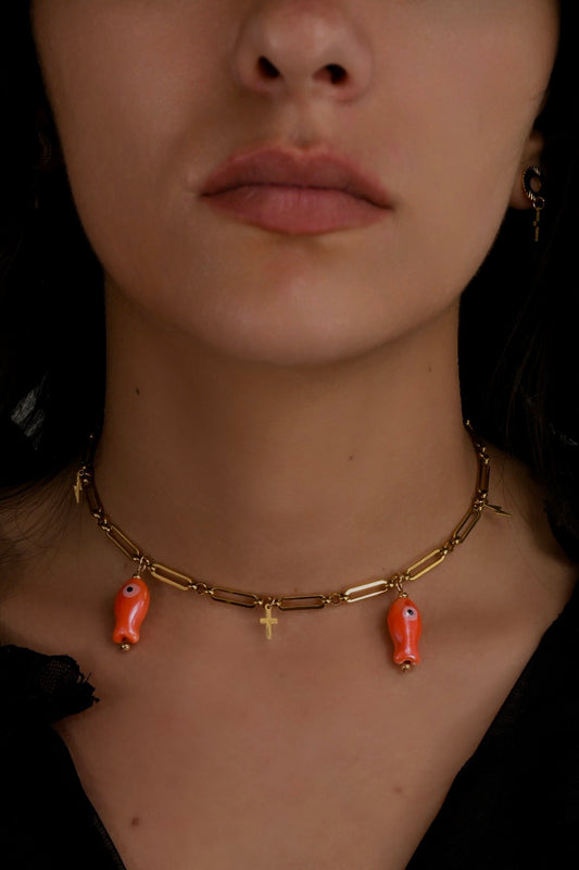 Image bijoux collier poisson orange et boucle d’oreille de Patricia Jewels Rouen
